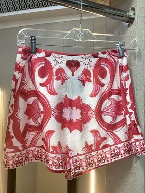 Women’s Red Printed Linen-Blend Shorts